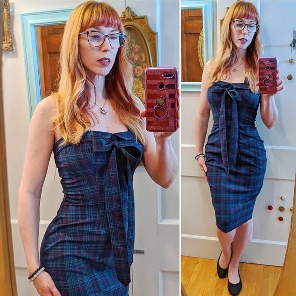 NWT blue plaid pencil dress - convertible halter/strapless, S, M, L, XL, XXL - Picture 2 of 7
